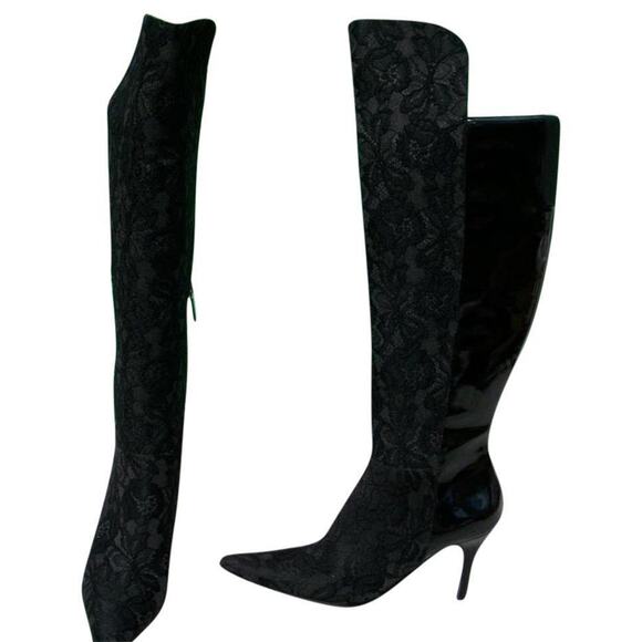 Donald Pliner Black Lace Patent Leather Boot Shoe New Over The Knee $695 NIB - Picture 2 of 6
